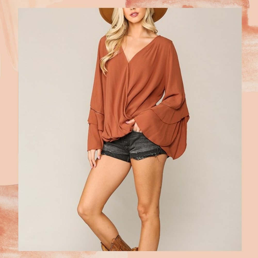 Burnt Orange Ruffle Bell Sleeve Surplus Blouse